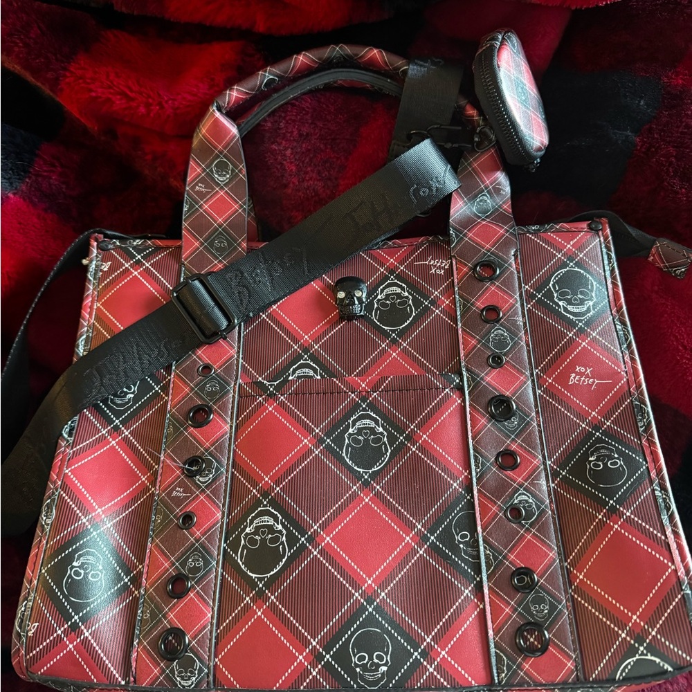 Betsey Johnson Plaid Tote with Skull Accents